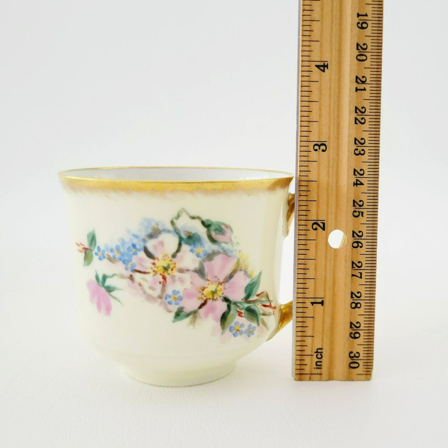 Antique Johann Haviland Waldershof Floral Demitasse Cup & Saucer, Heavy Gold Trim, Hand Painted Pink and Blue Floral, c.1907-24 Germany
