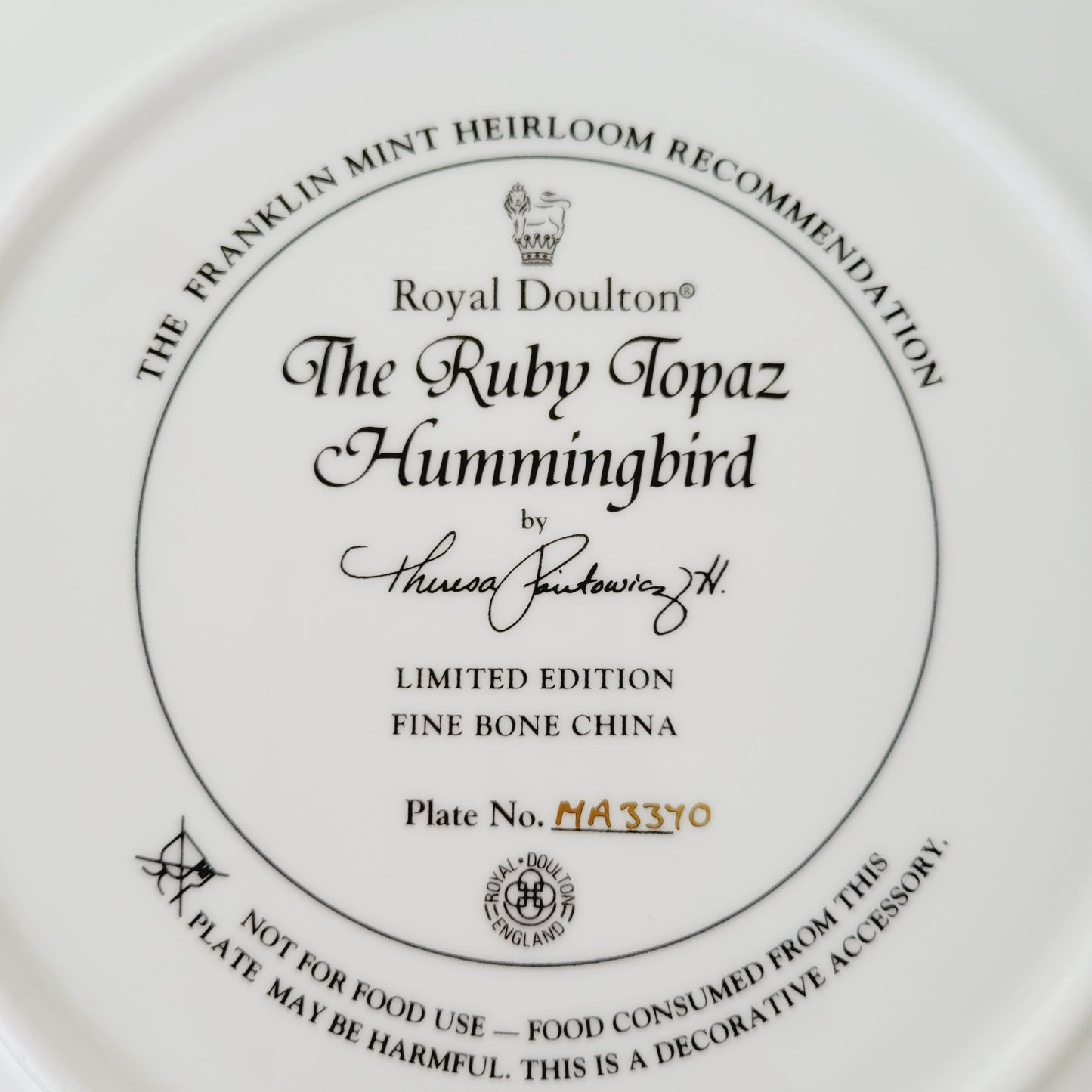 Vintage Royal Doulton Ruby Topaz Hummingbird Plate, Franklin Mint Heirloom Limited Edition