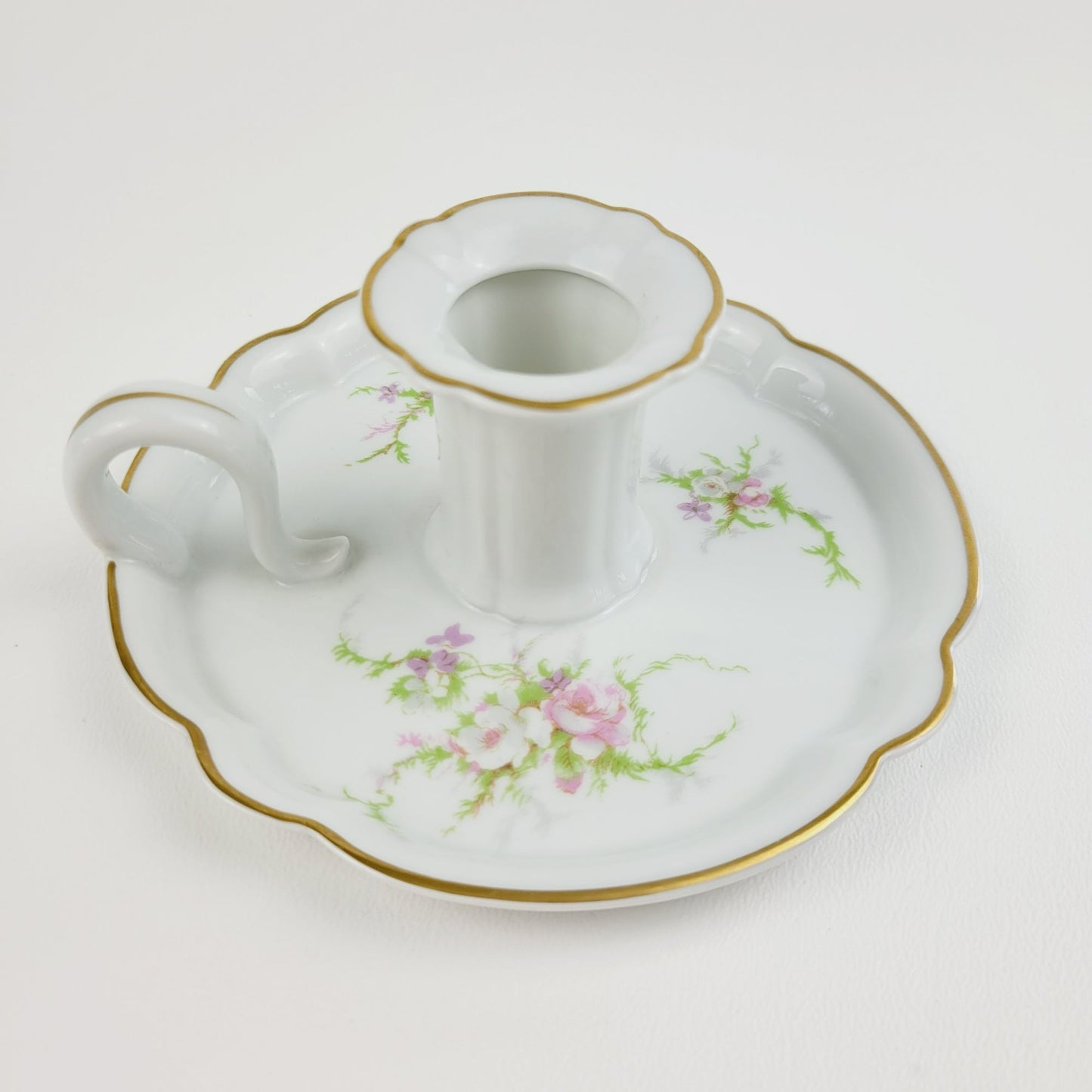 Vintage Rosalinde Handled Candle Holder, Pink Floral & Gold Trim, Haviland France, Elegant Regency Style