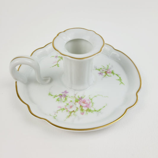 Vintage Rosalinde Handled Candle Holder, Pink Floral & Gold Trim, Haviland France, Elegant Regency Style