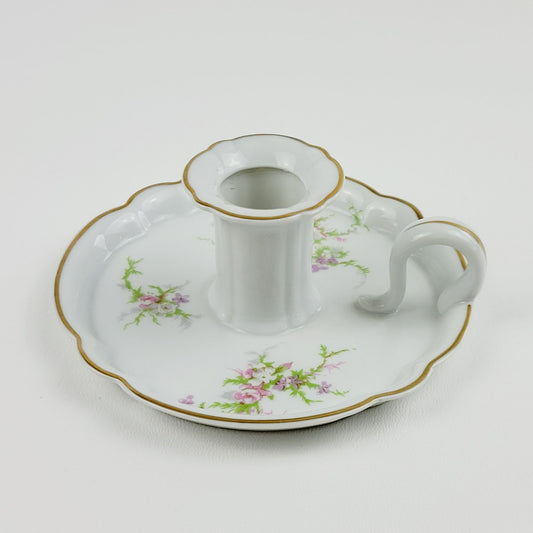 Vintage Rosalinde Handled Candle Holder, Pink Floral & Gold Trim, Haviland France, Elegant Regency Style