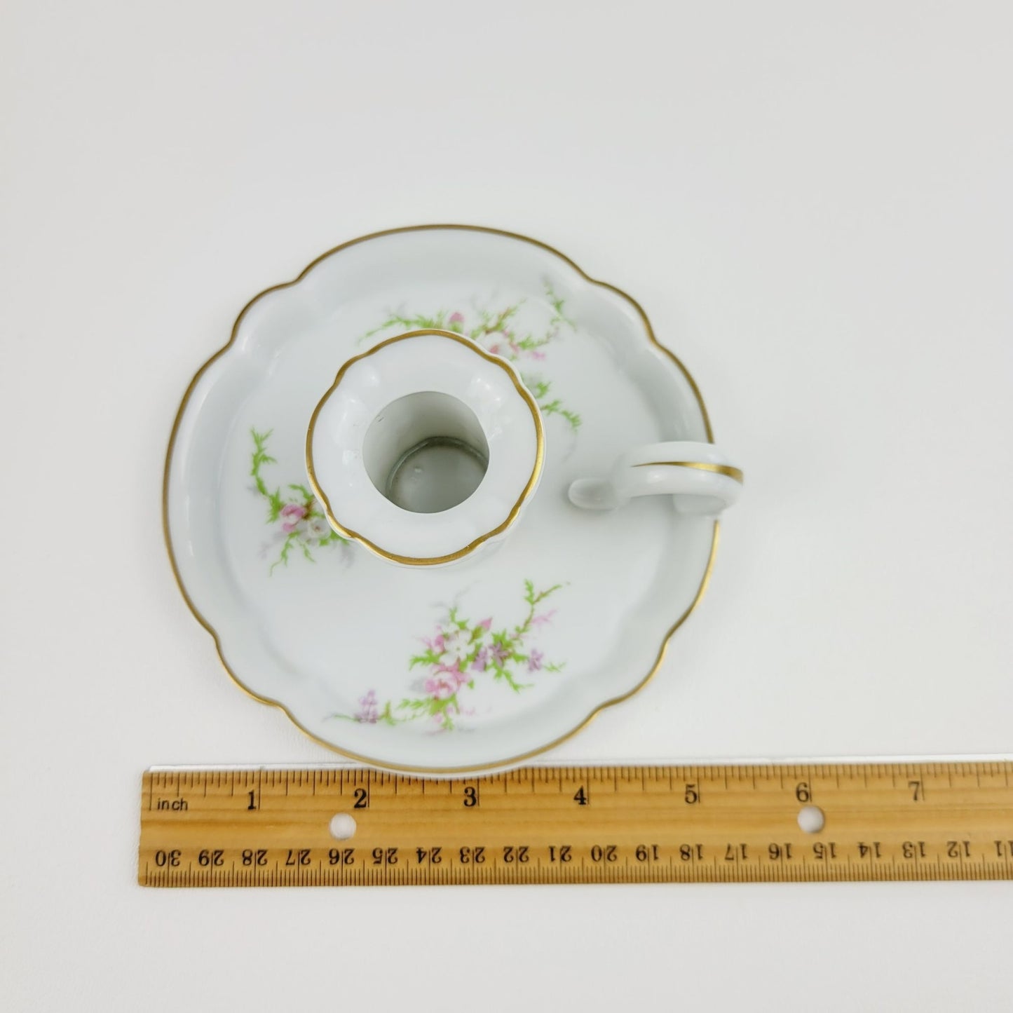 Vintage Rosalinde Handled Candle Holder, Pink Floral & Gold Trim, Haviland France, Elegant Regency Style