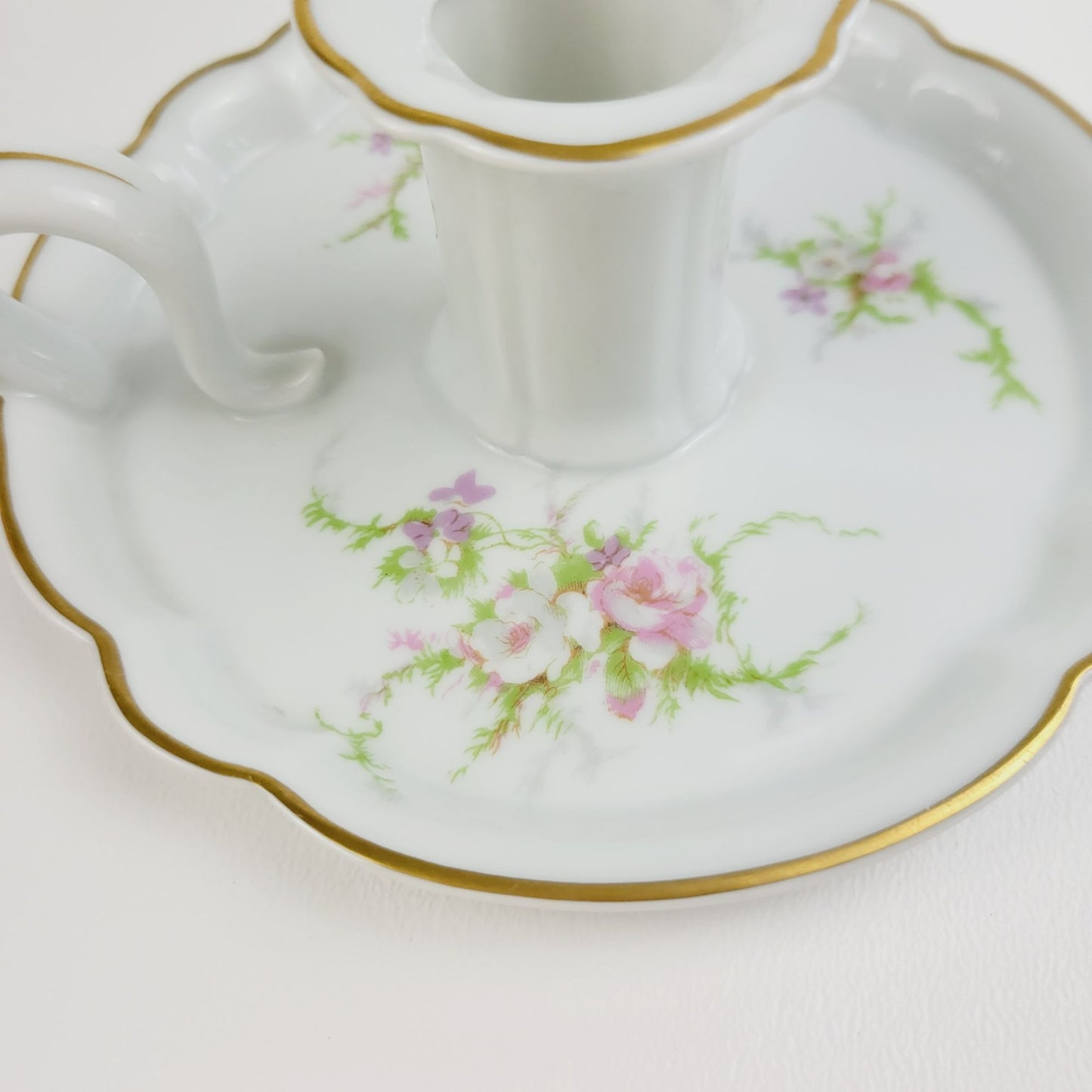 Vintage Rosalinde Handled Candle Holder, Pink Floral & Gold Trim, Haviland France, Elegant Regency Style
