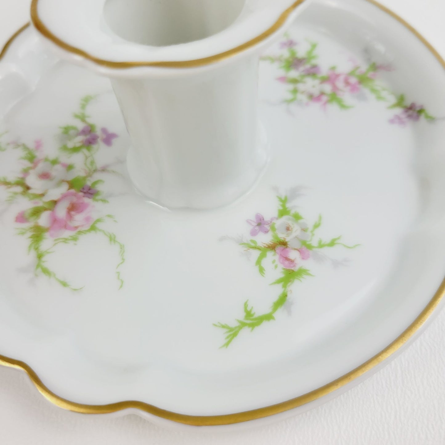 Vintage Rosalinde Handled Candle Holder, Pink Floral & Gold Trim, Haviland France, Elegant Regency Style