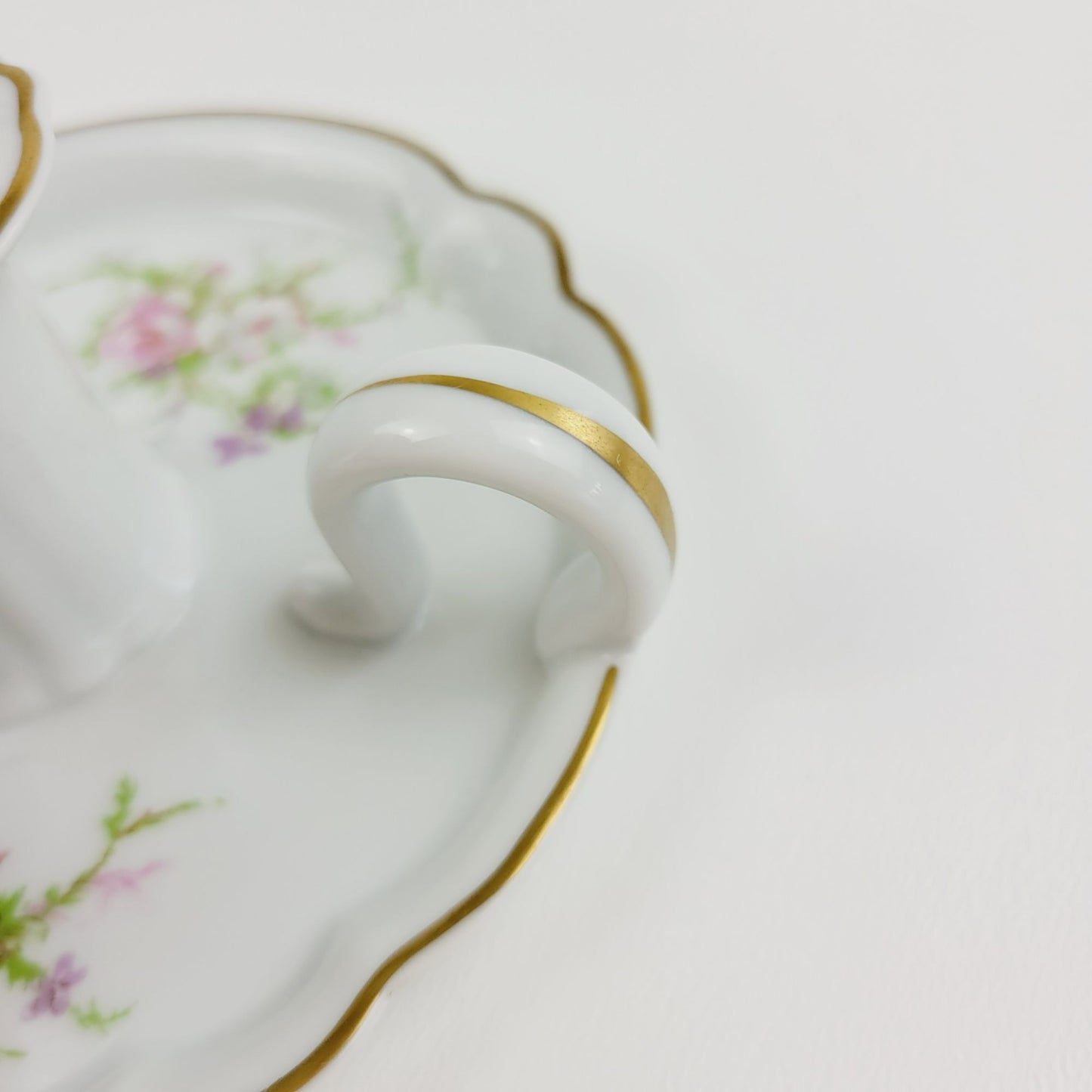Vintage Rosalinde Handled Candle Holder, Pink Floral & Gold Trim, Haviland France, Elegant Regency Style