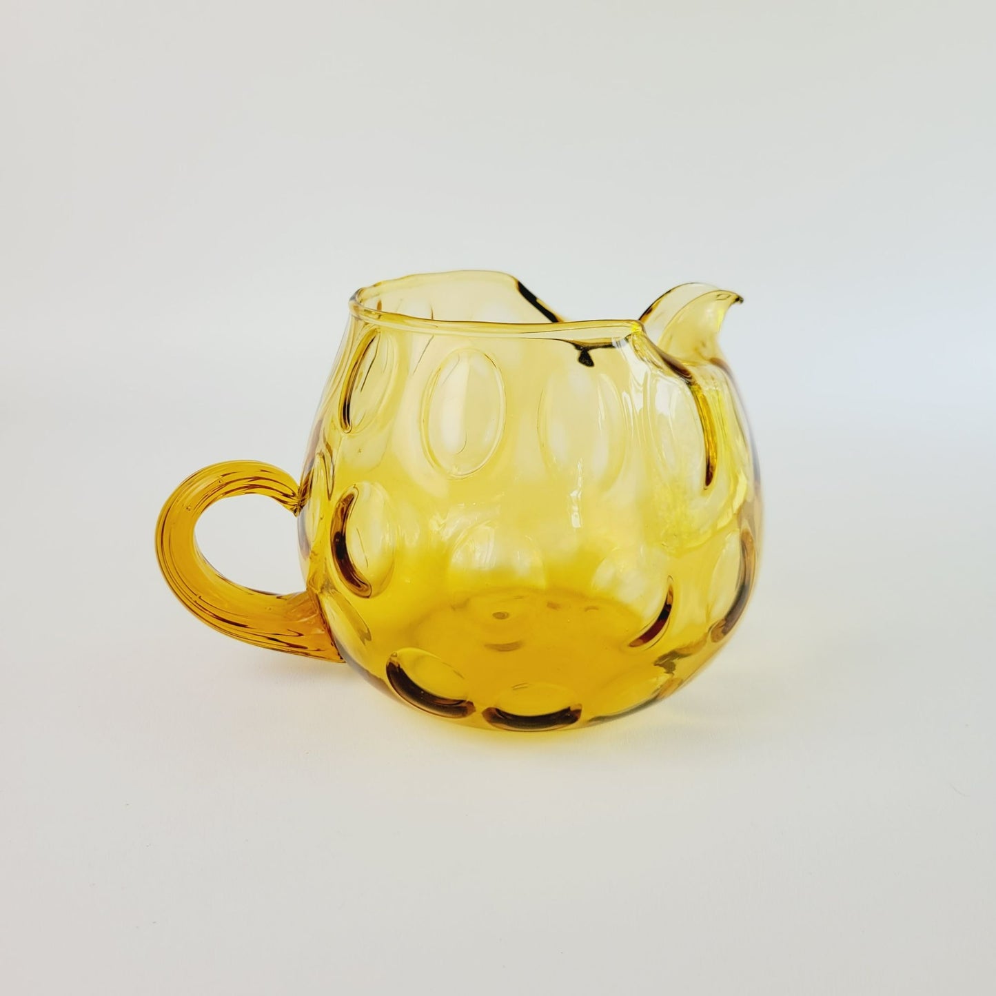 Hand Blown Italian Glass Pitcher & 5 Juice Glasses, Amber Optic Dot & Twisted Handle