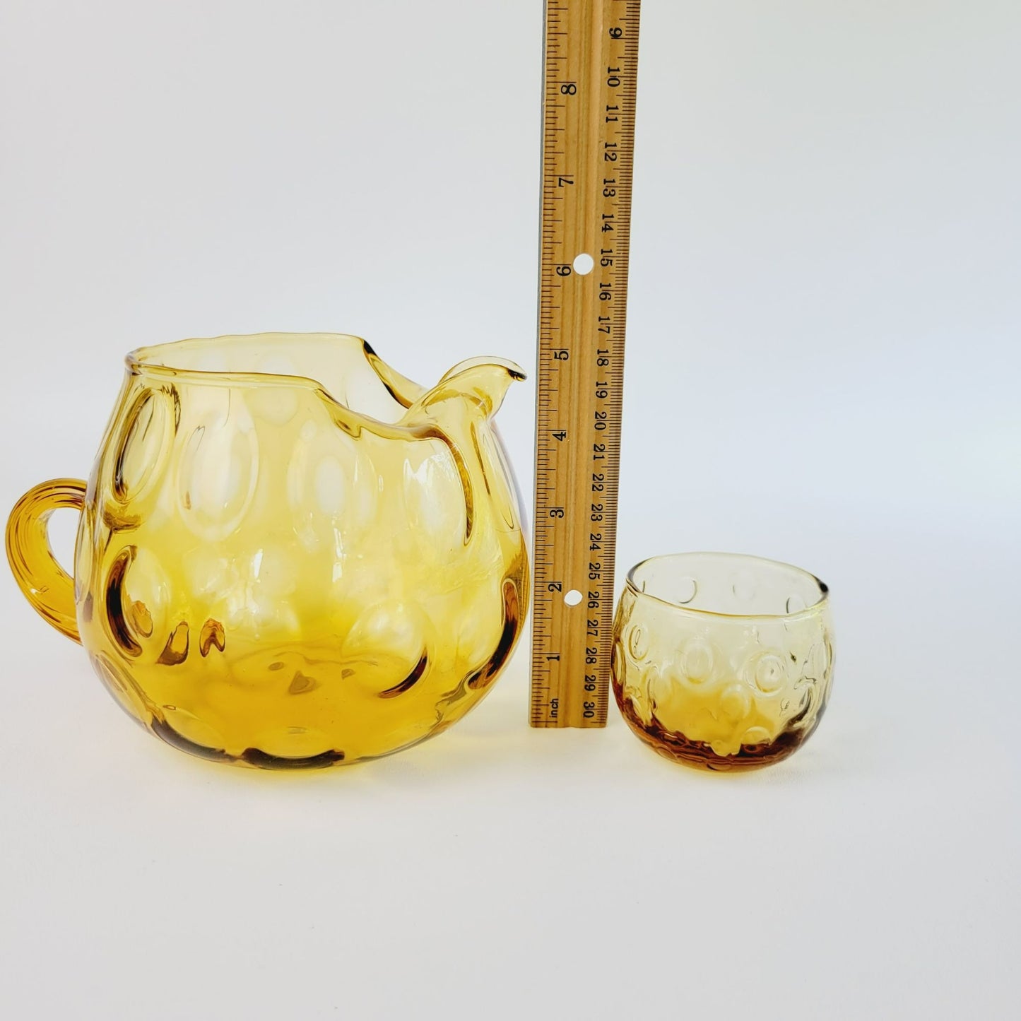 Hand Blown Italian Glass Pitcher & 5 Juice Glasses, Amber Optic Dot & Twisted Handle