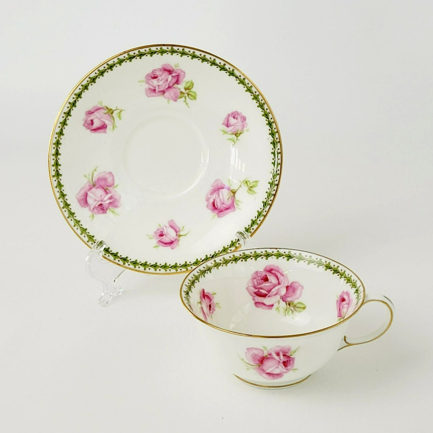 Aynsley Pink Rose Teacup & Saucer, Imported by Ovington Bros New York, c.1910-20, Made in England