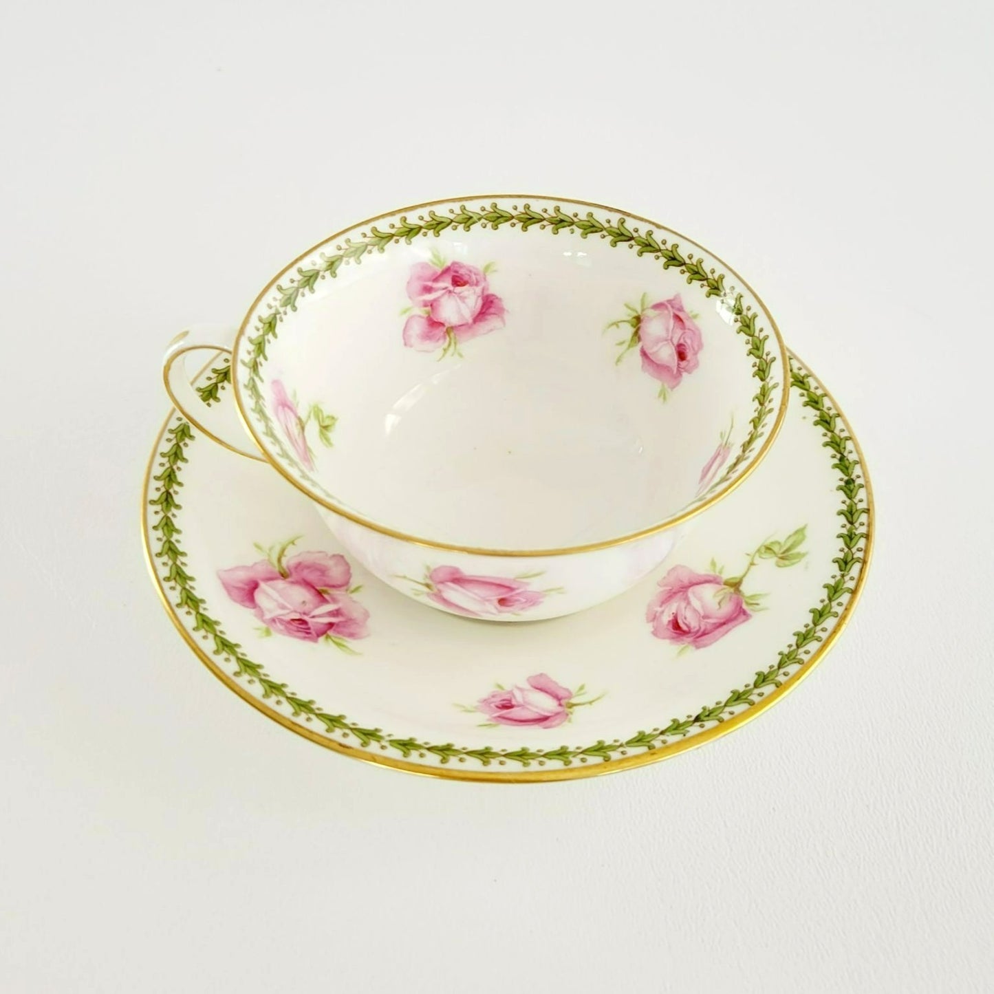 Aynsley Pink Rose Teacup & Saucer, Imported by Ovington Bros New York, c.1910-20, Made in England