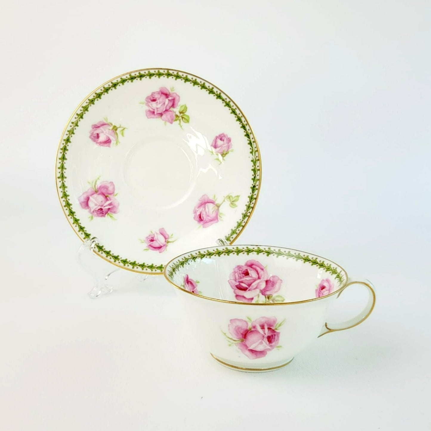 Aynsley Pink Rose Teacup & Saucer, Imported by Ovington Bros New York, c.1910-20, Made in England