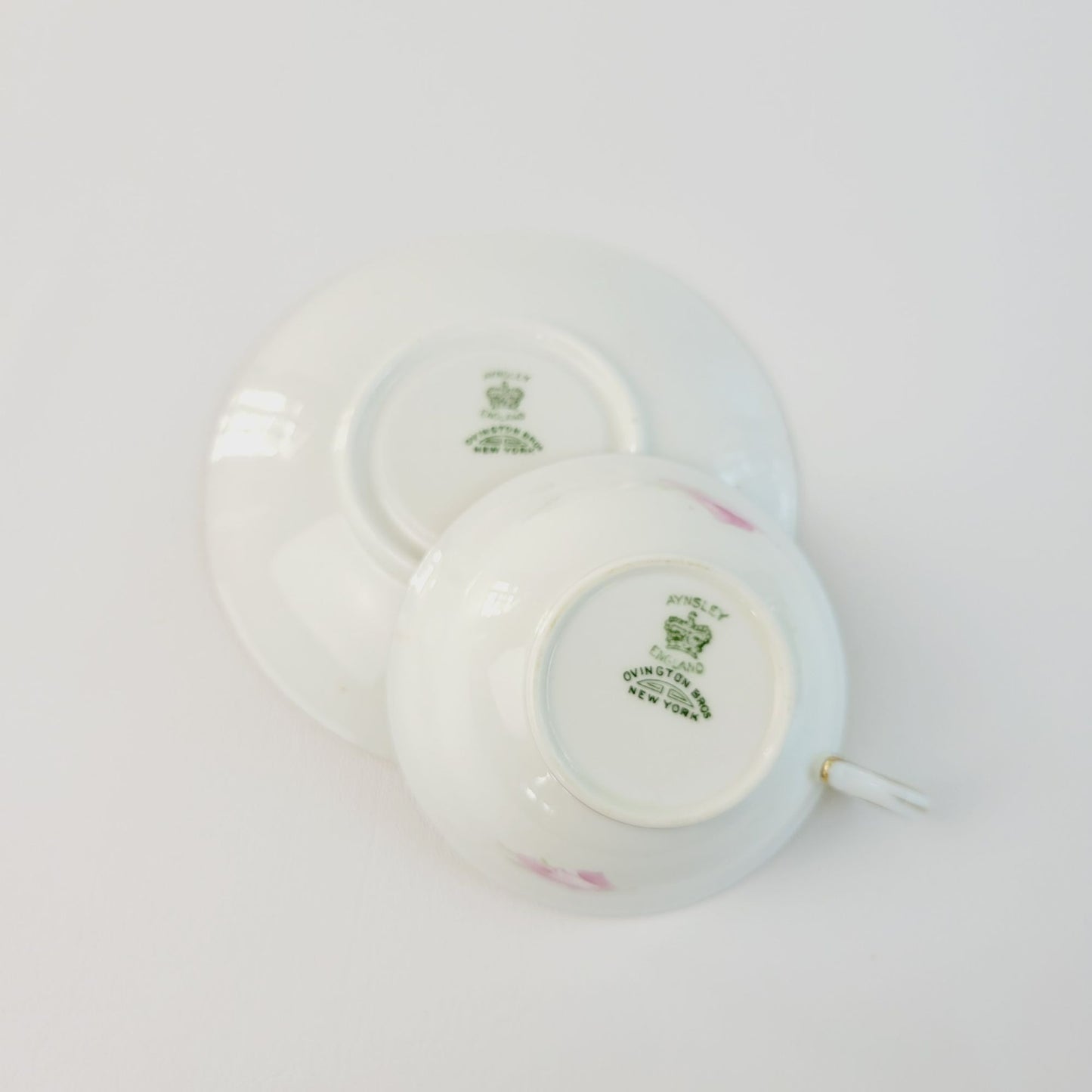 Aynsley Pink Rose Teacup & Saucer, Imported by Ovington Bros New York, c.1910-20, Made in England