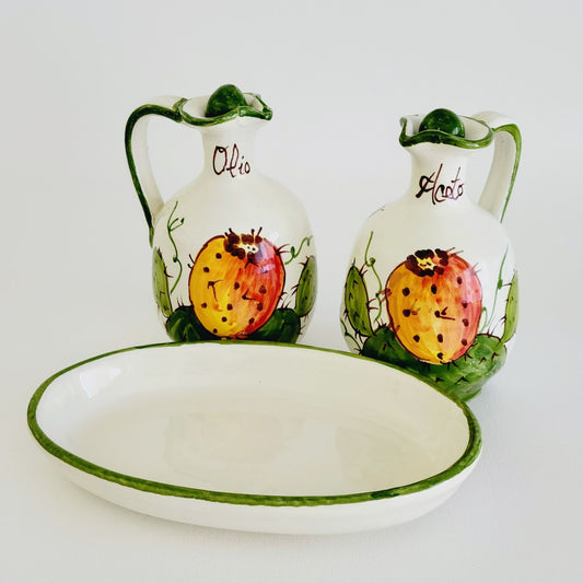 Italian Hand Painted Vinegar & Oil Cruet Tray Set, Santo Stefano Italy