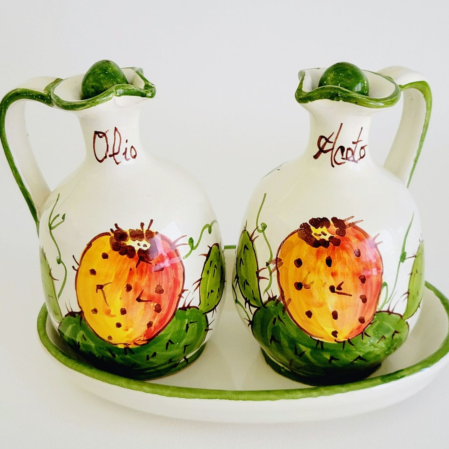 Italian Hand Painted Vinegar & Oil Cruet Tray Set, Santo Stefano Italy
