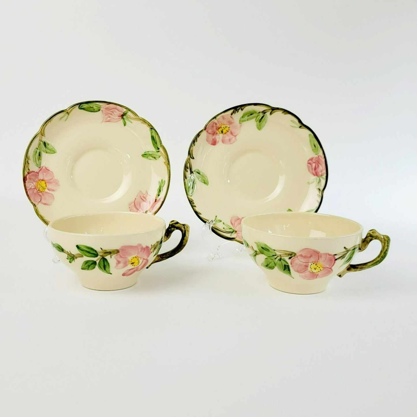 Franciscan Desert Rose Cup & Saucer, 2 Sets, Hand Painted & Embossed Pink Floral, c.1940-47 USA