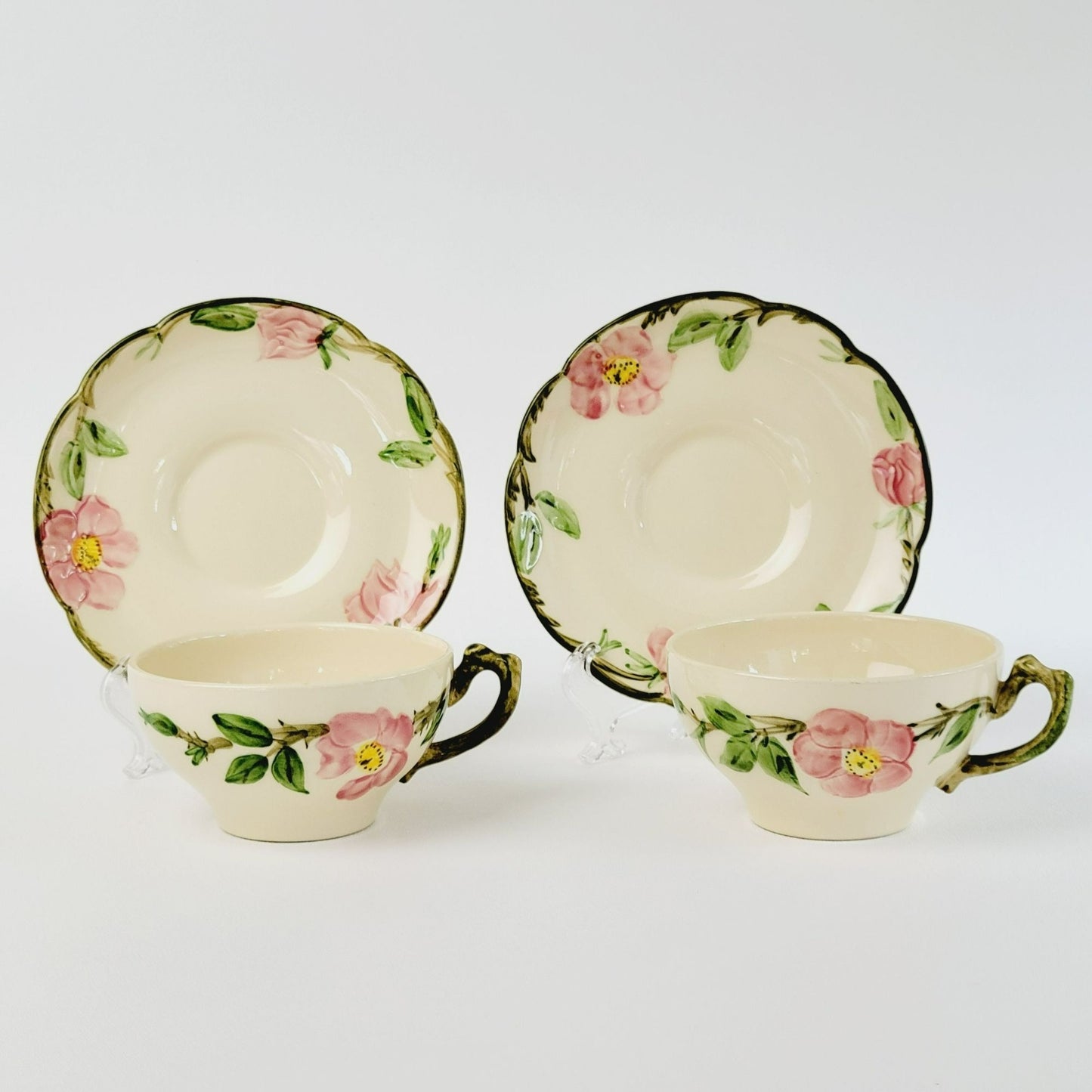 Franciscan Desert Rose Cup & Saucer, 2 Sets, Hand Painted & Embossed Pink Floral, c.1940-47 USA