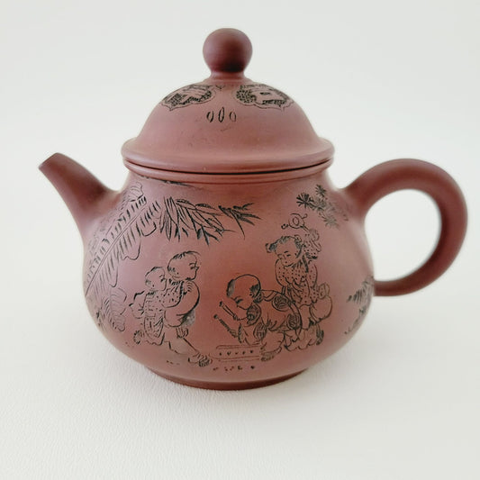 Antique Chinese Yixing Clay Teapot, Carved Figural Design Burnished Purple Clay, 10fl. oz.
