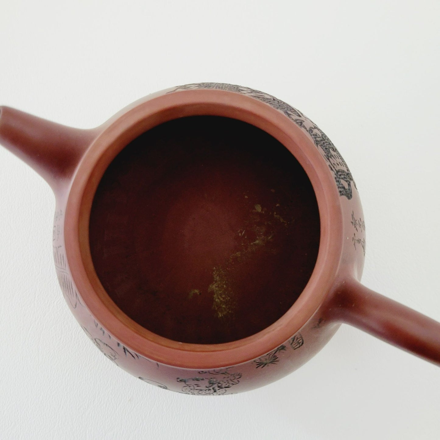 Antique Chinese Yixing Clay Teapot, Carved Figural Design Burnished Purple Clay, 10fl. oz.