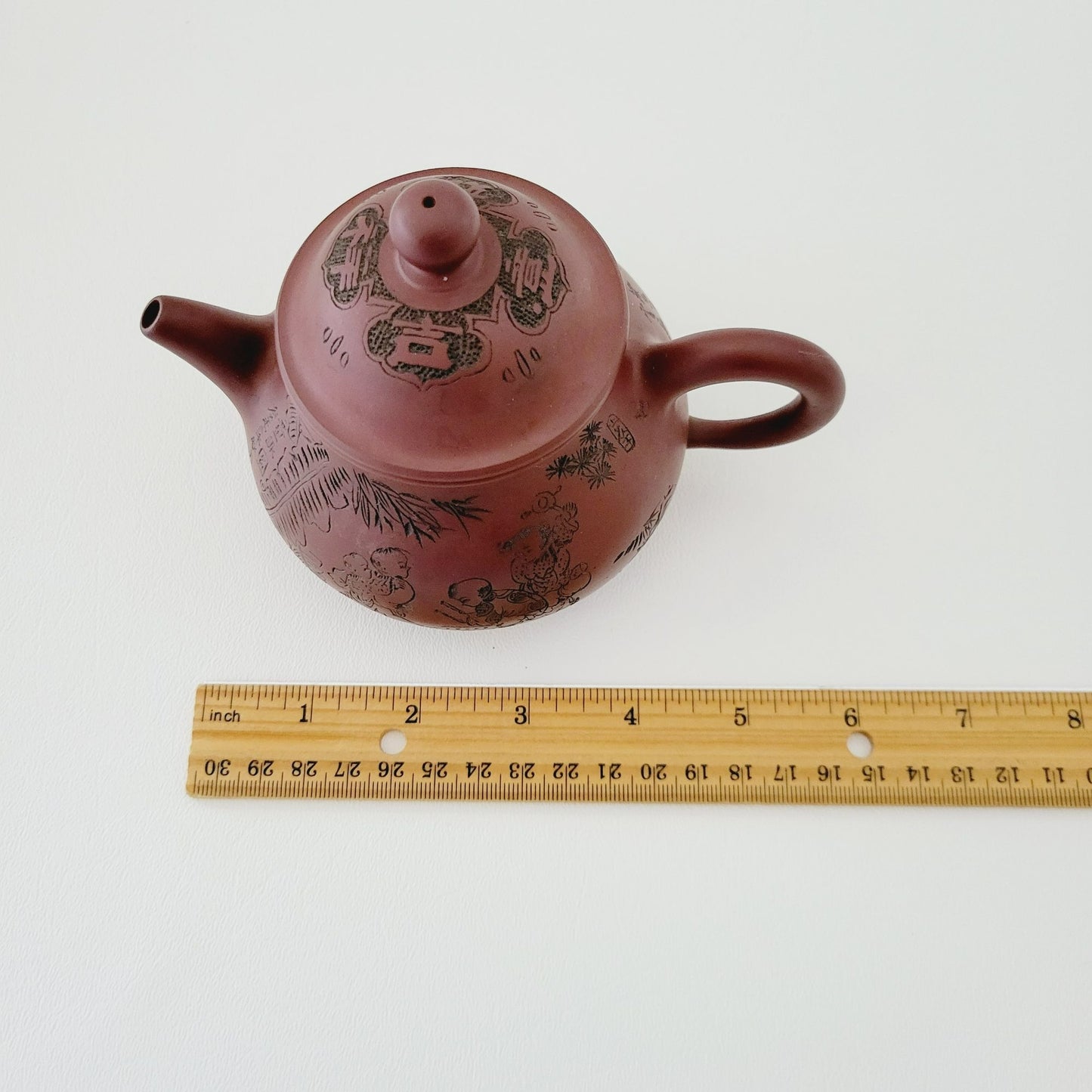 Antique Chinese Yixing Clay Teapot, Carved Figural Design Burnished Purple Clay, 10fl. oz.