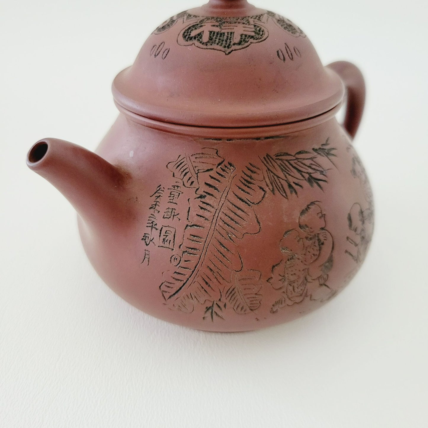 Antique Chinese Yixing Clay Teapot, Carved Figural Design Burnished Purple Clay, 10fl. oz.