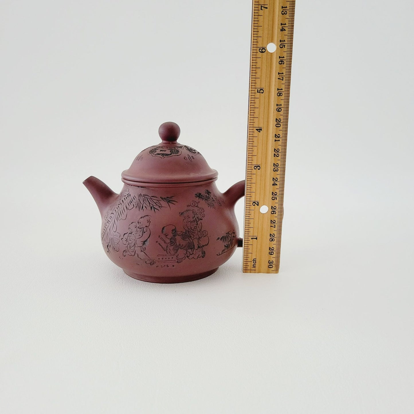 Antique Chinese Yixing Clay Teapot, Carved Figural Design Burnished Purple Clay, 10fl. oz.