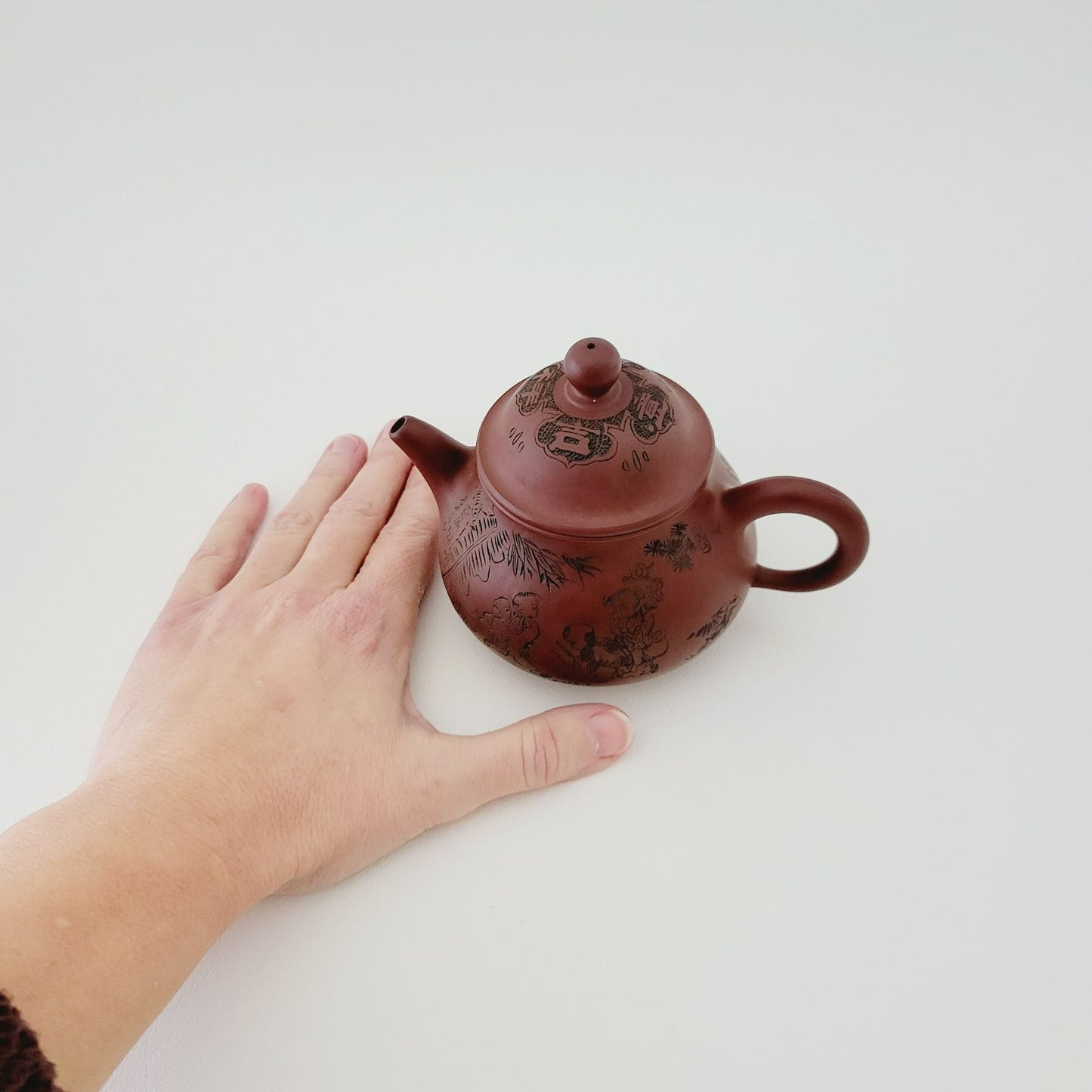 Antique Chinese Yixing Clay Teapot, Carved Figural Design Burnished Purple Clay, 10fl. oz.