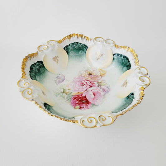 Antique RS Prussia Porcelain Floral Bowl c.1870-1918, Teal with Pink & Red Peonies & Gold Grape Accent