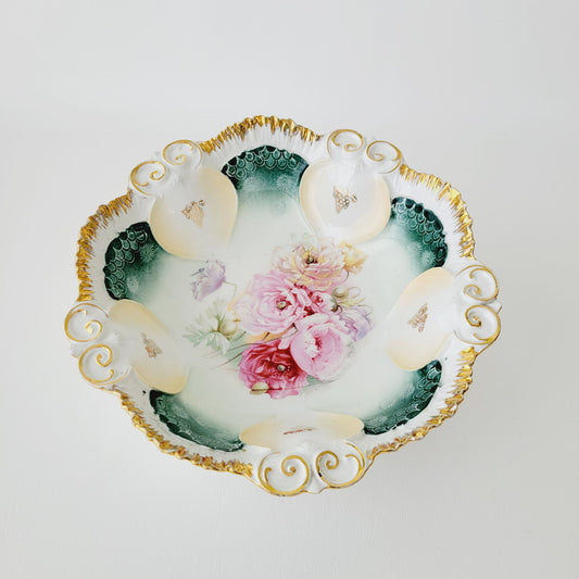 Antique RS Prussia Porcelain Floral Bowl c.1870-1918, Teal with Pink & Red Peonies & Gold Grape Accent