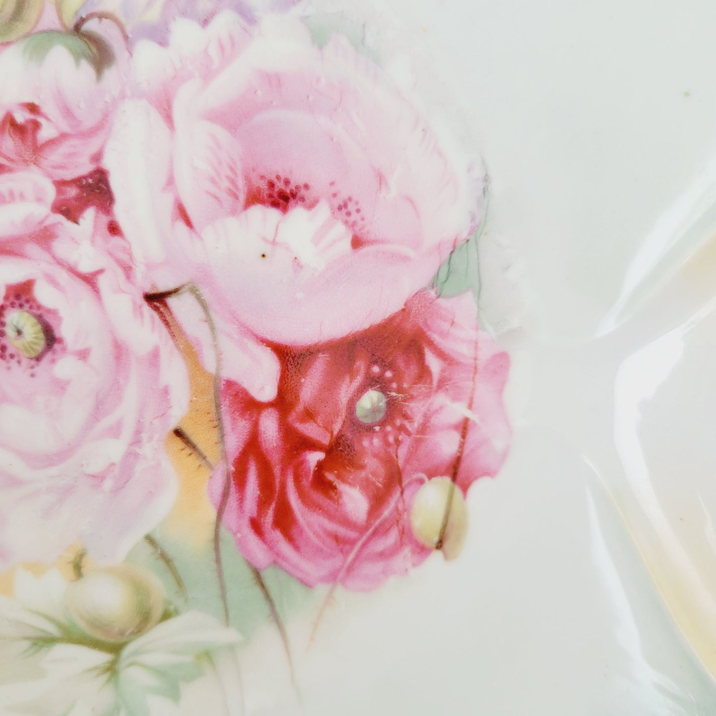 Antique RS Prussia Porcelain Floral Bowl c.1870-1918, Teal with Pink & Red Peonies & Gold Grape Accent