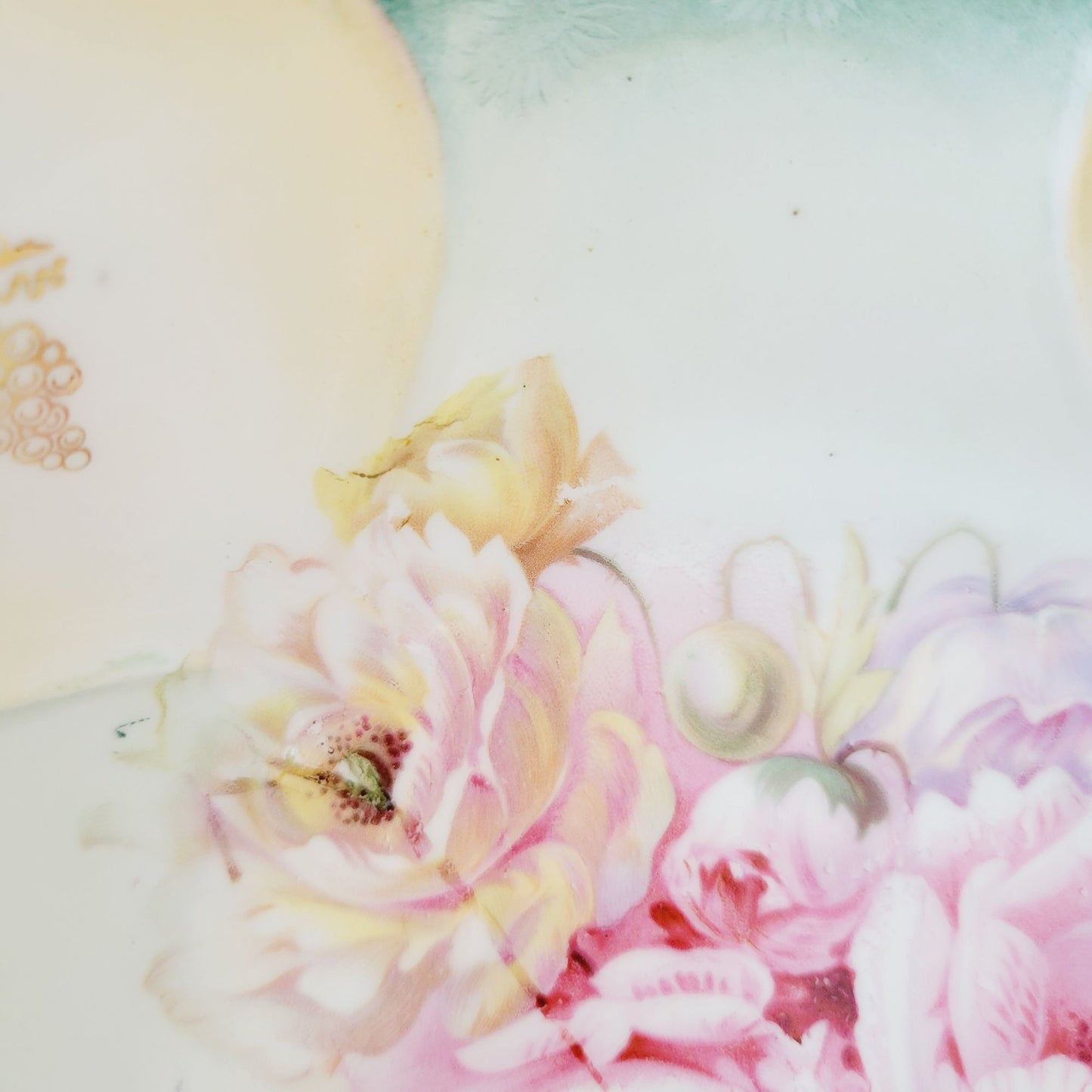 Antique RS Prussia Porcelain Floral Bowl c.1870-1918, Teal with Pink & Red Peonies & Gold Grape Accent