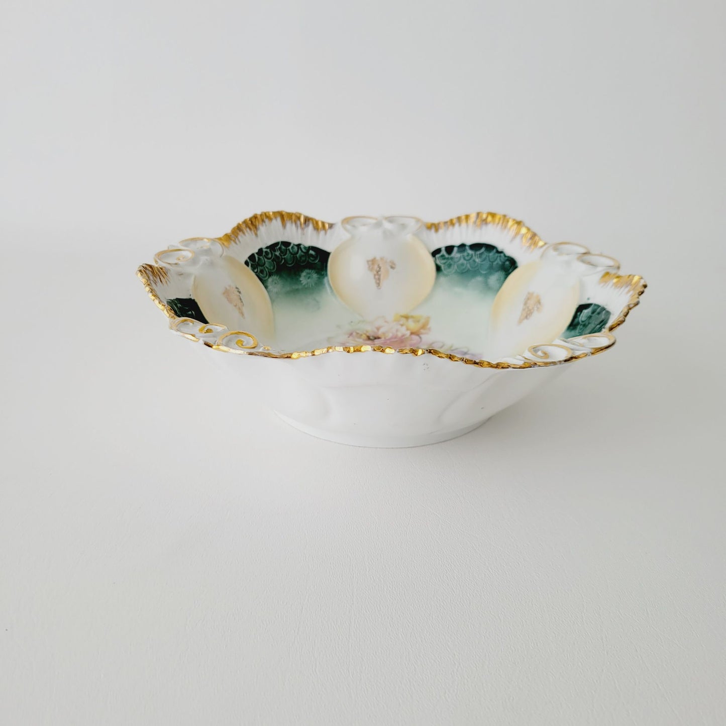 Antique RS Prussia Porcelain Floral Bowl c.1870-1918, Teal with Pink & Red Peonies & Gold Grape Accent