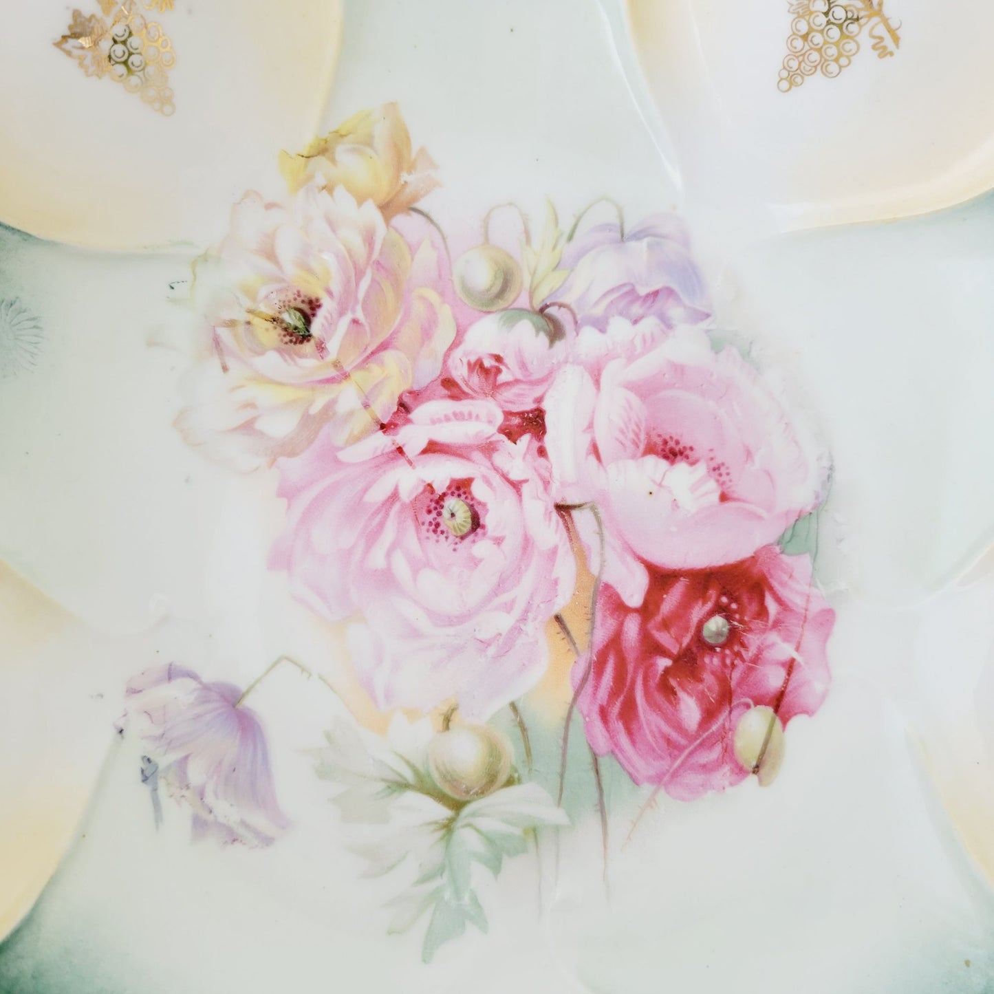 Antique RS Prussia Porcelain Floral Bowl c.1870-1918, Teal with Pink & Red Peonies & Gold Grape Accent