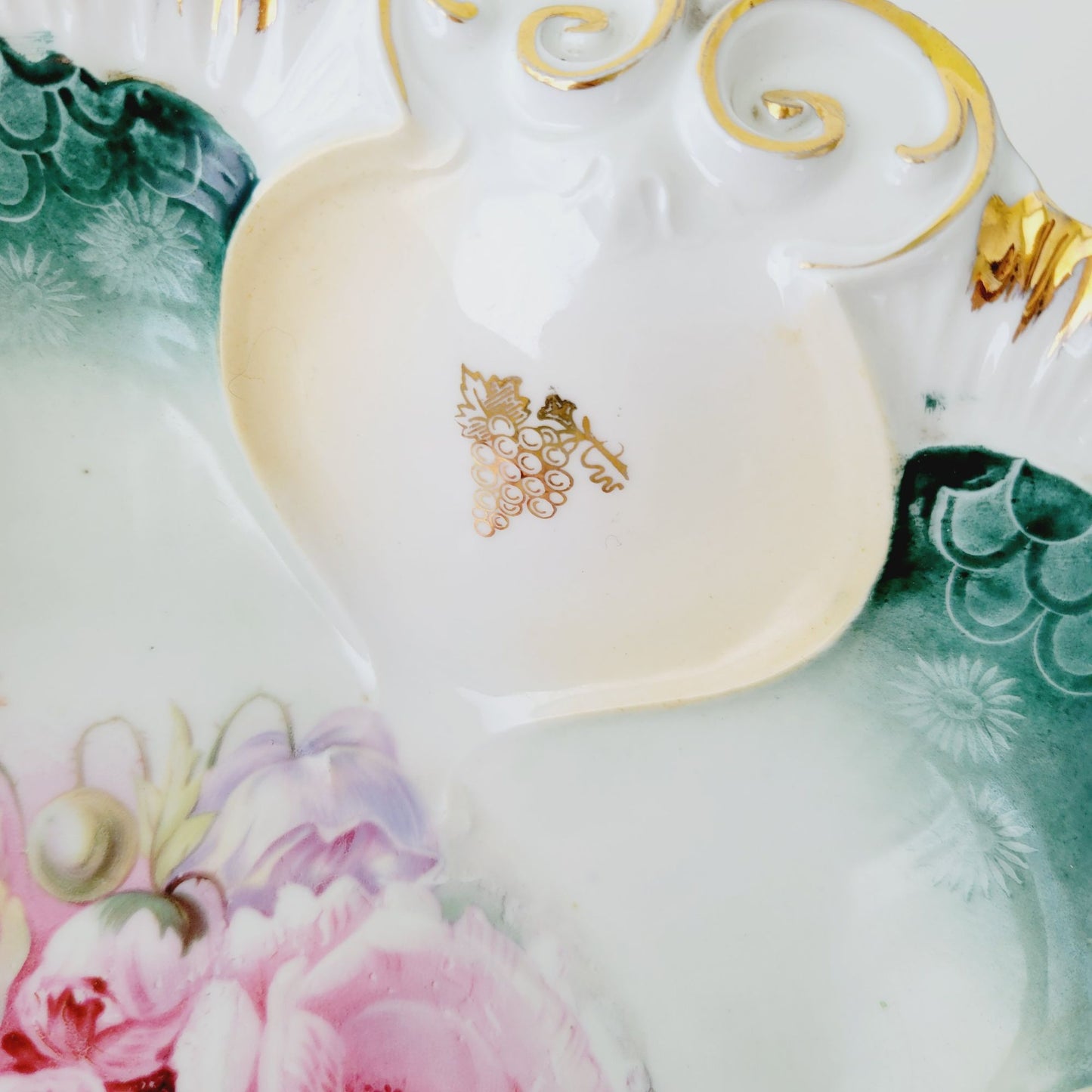 Antique RS Prussia Porcelain Floral Bowl c.1870-1918, Teal with Pink & Red Peonies & Gold Grape Accent