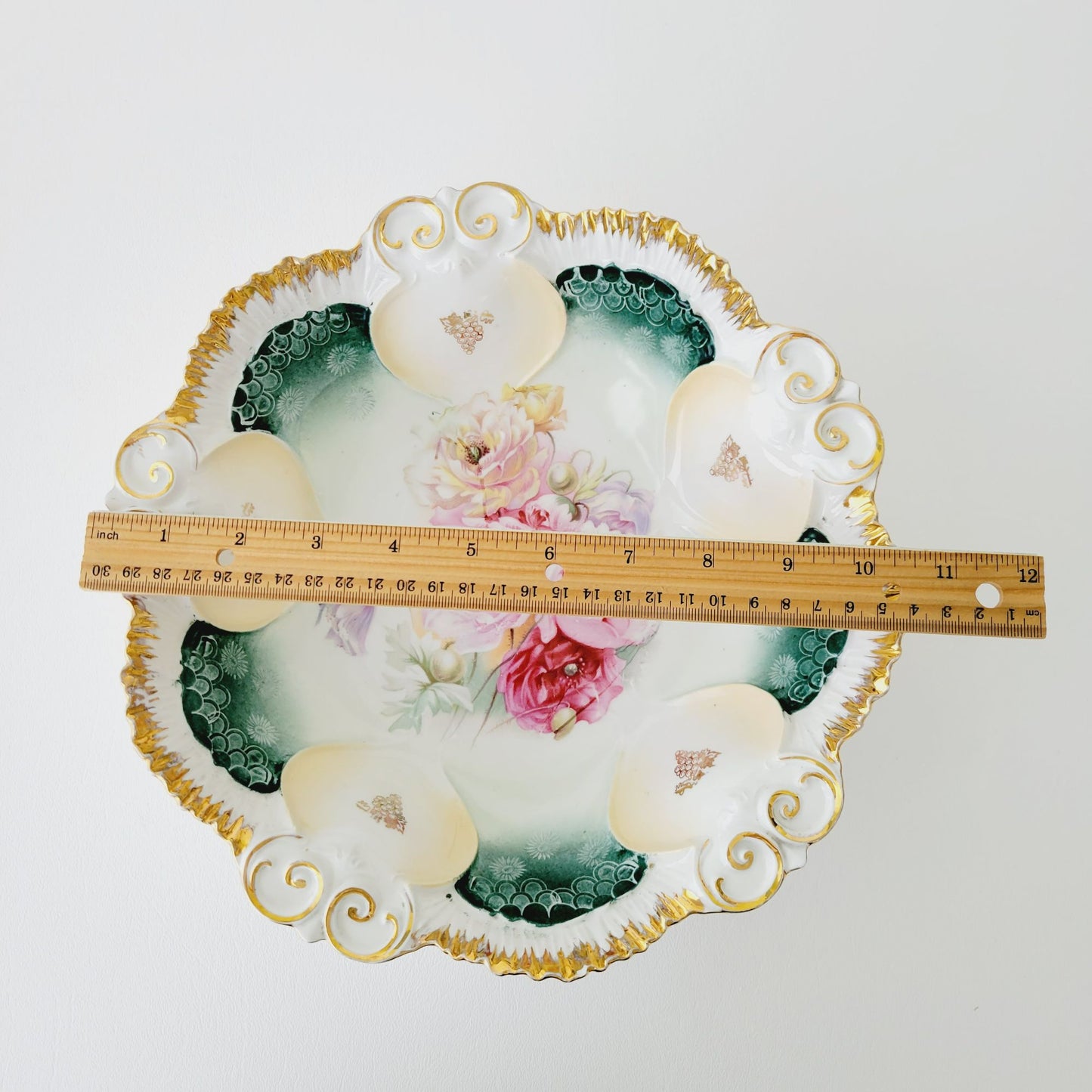 Antique RS Prussia Porcelain Floral Bowl c.1870-1918, Teal with Pink & Red Peonies & Gold Grape Accent