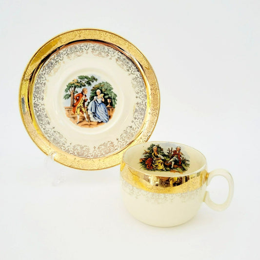 Gold Courting Couple Teacup & Saucer, Rococo Style, by Sabin Crest O Gold with Warranted 22 K Gold Filigree Edge