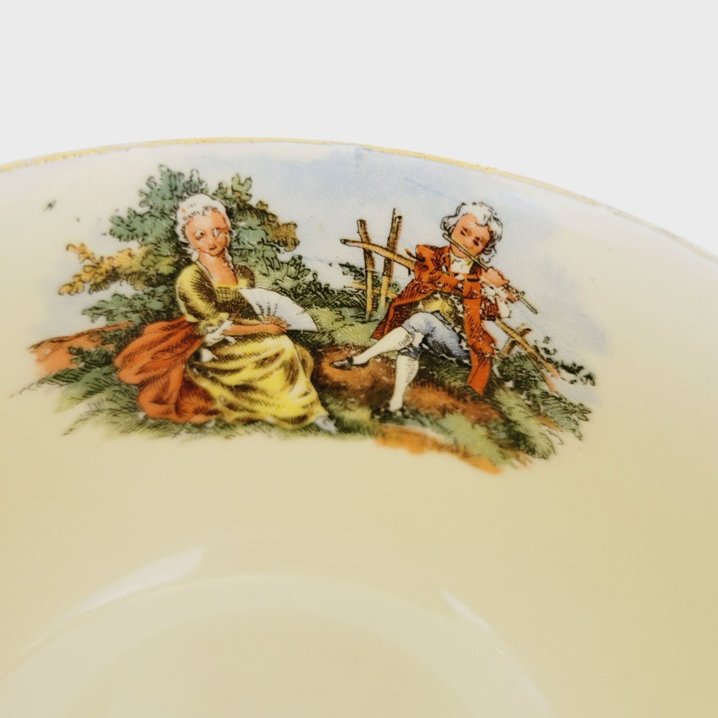 Gold Courting Couple Teacup & Saucer, Rococo Style, by Sabin Crest O Gold with Warranted 22 K Gold Filigree Edge