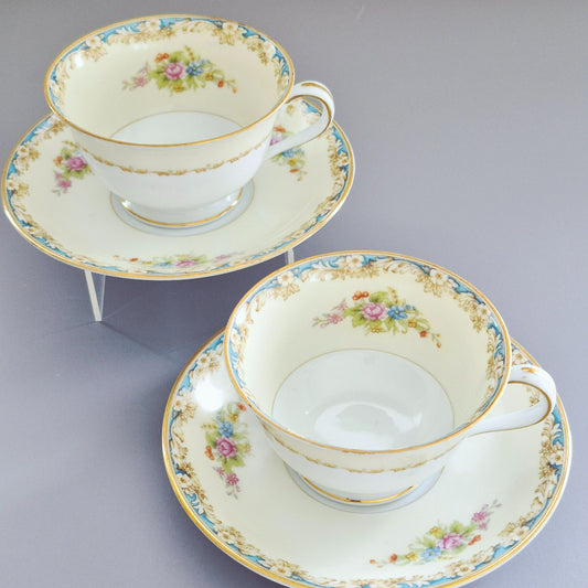 Noritake Floral Spray Teacup & Saucer, 2 Sets, c.1945-48 Occupied Japan