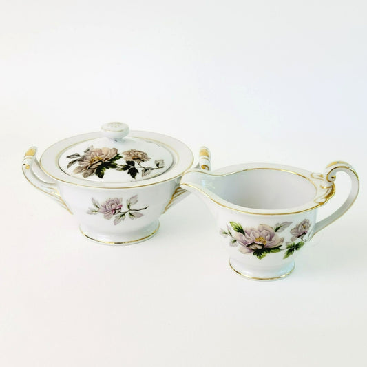 Peony Creamer & Sugar Bowl by Se Yei, c.1958 Japan, Lavender Pink & Green Floral