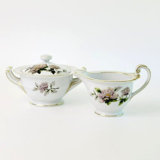 Peony Creamer & Sugar Bowl by Se Yei, c.1958 Japan, Lavender Pink & Green Floral