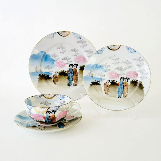Japanese Kutani Geisha Girls Teacup, Saucer & Plates, Set of 4, Hand Painted Porcelain