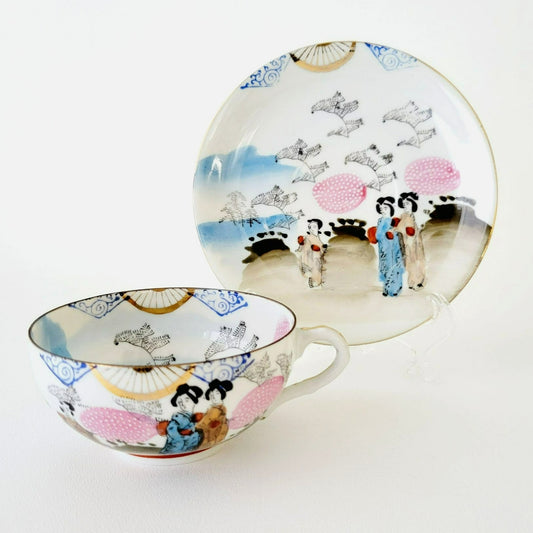 Japanese Kutani Geisha Girls Teacup, Saucer & Plates, Set of 4, Hand Painted Porcelain