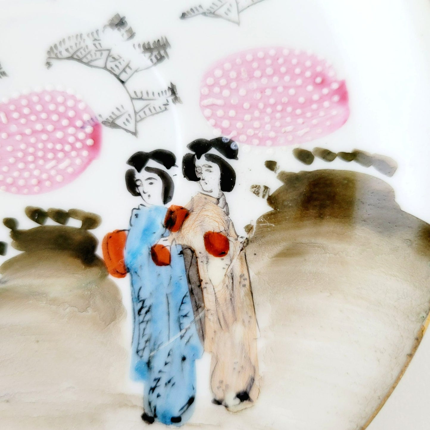 Japanese Kutani Geisha Girls Teacup, Saucer & Plates, Set of 4, Hand Painted Porcelain