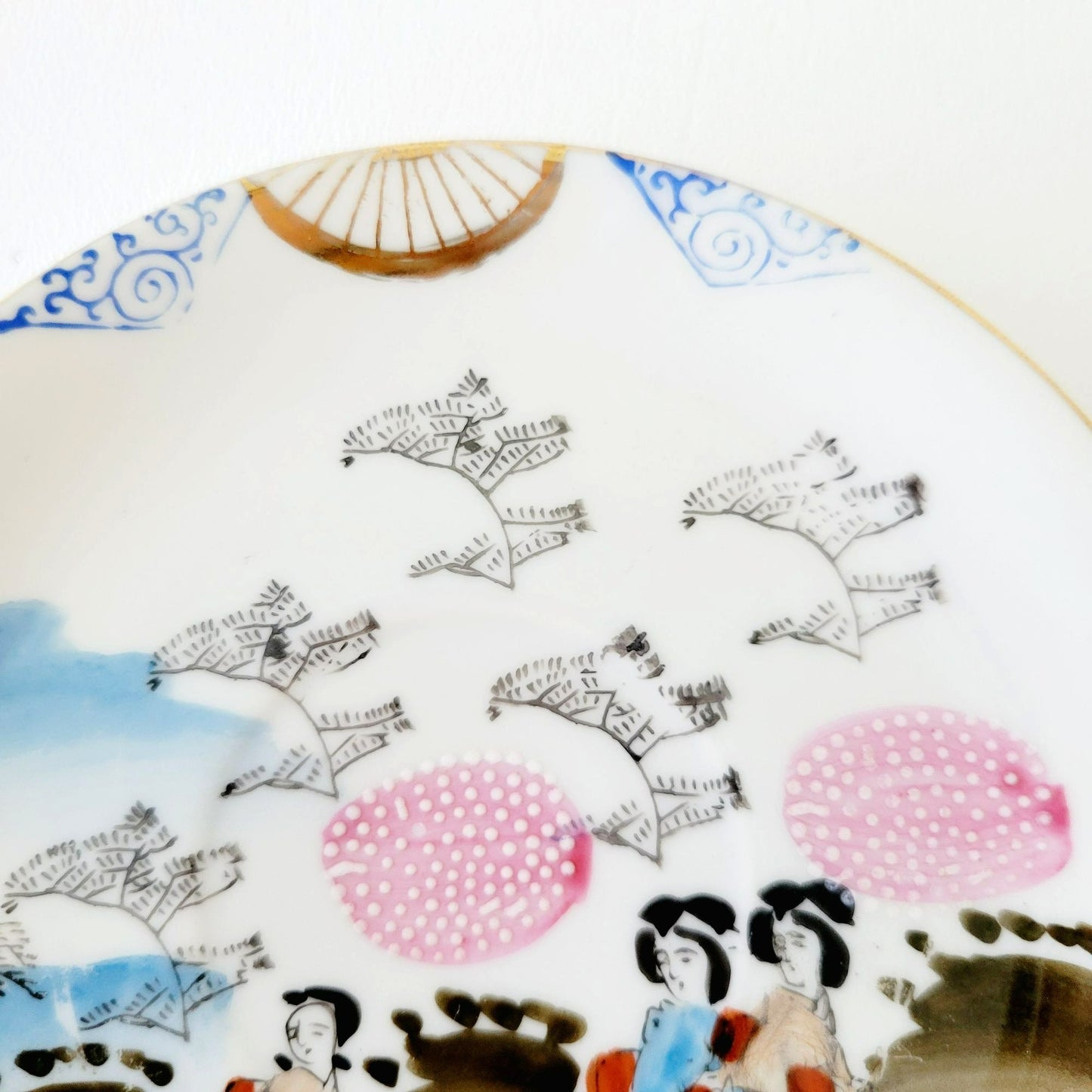 Japanese Kutani Geisha Girls Teacup, Saucer & Plates, Set of 4, Hand Painted Porcelain