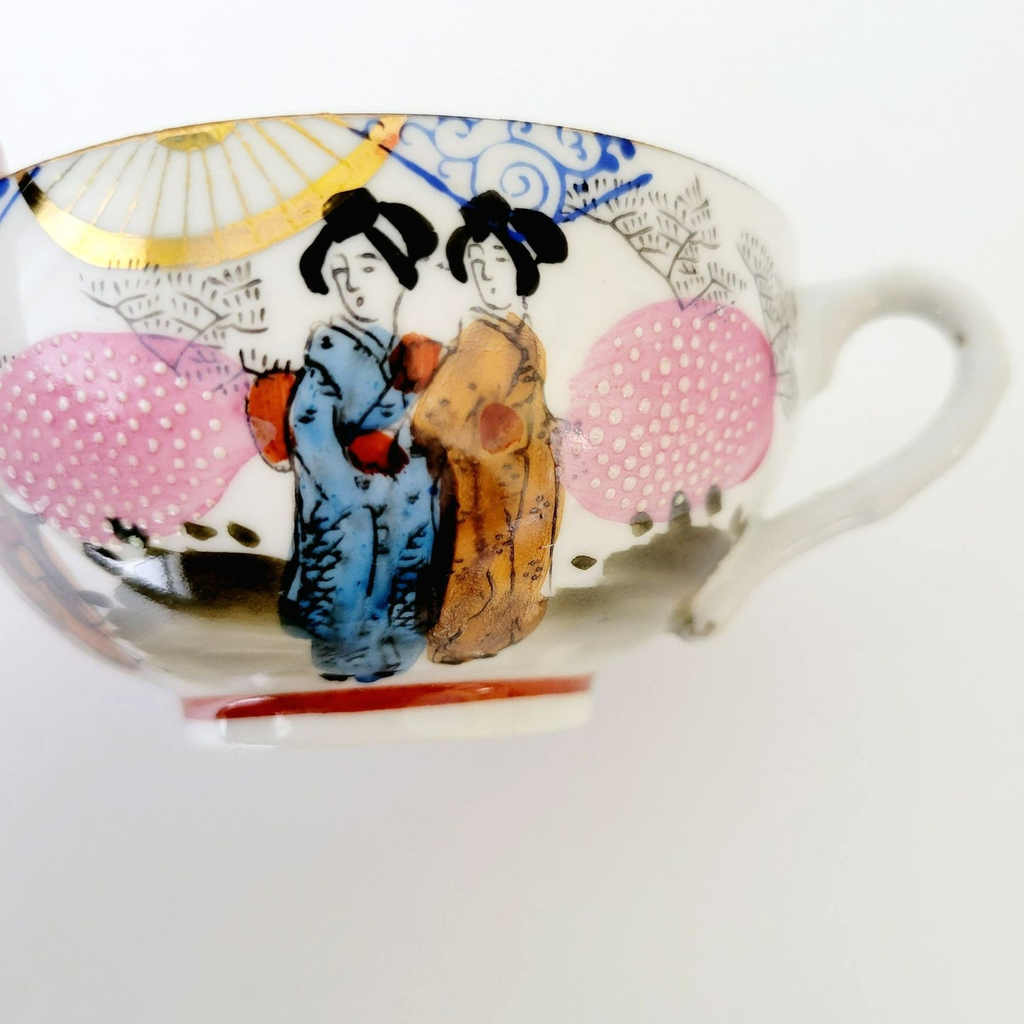Japanese Kutani Geisha Girls Teacup, Saucer & Plates, Set of 4, Hand Painted Porcelain