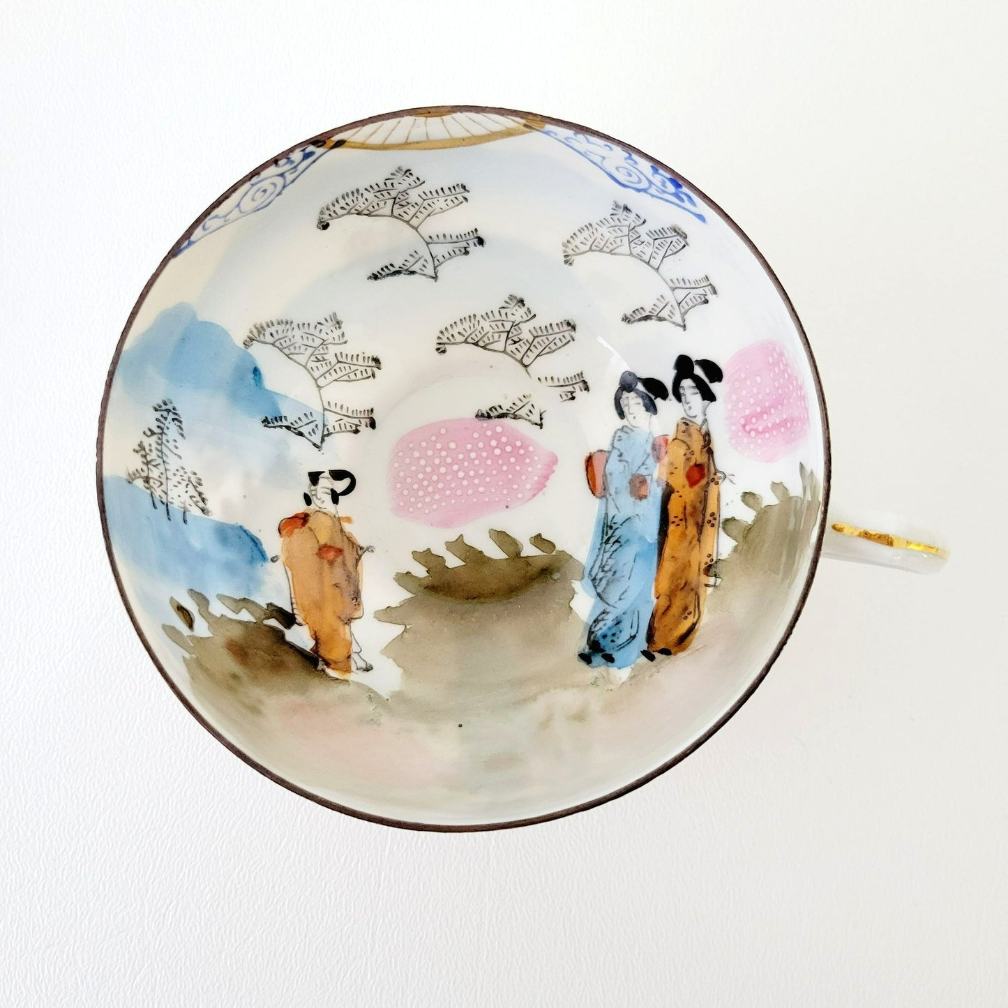 Japanese Kutani Geisha Girls Teacup, Saucer & Plates, Set of 4, Hand Painted Porcelain