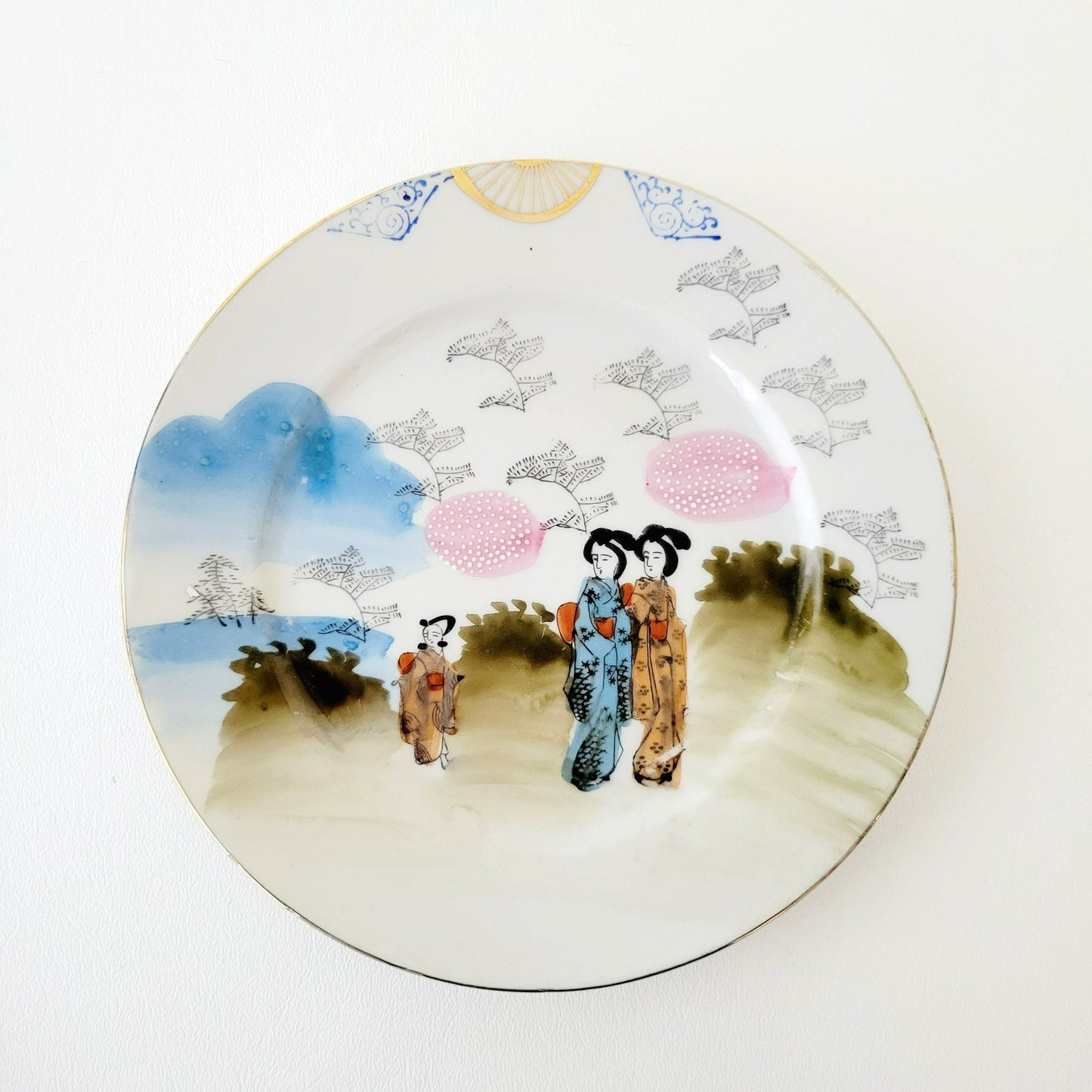 Japanese Kutani Geisha Girls Teacup, Saucer & Plates, Set of 4, Hand Painted Porcelain