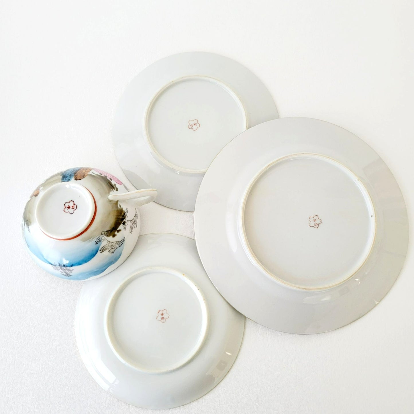 Japanese Kutani Geisha Girls Teacup, Saucer & Plates, Set of 4, Hand Painted Porcelain