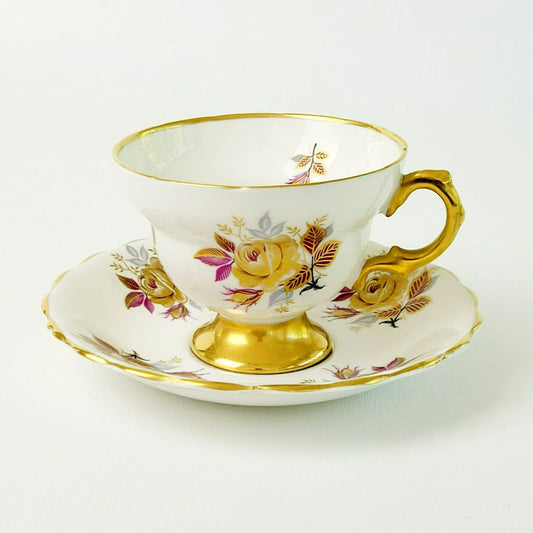 Rosina Heavy Gold Floral Rose Teacup & Saucer, c.1960 England