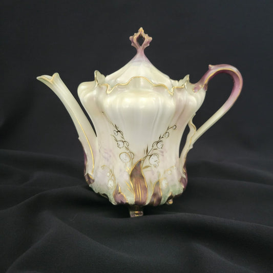 Rare Vintage RS Prussia Lily of the Valley Teapot Hand Painted on Satin Smooth Finish, Gold Accents