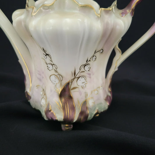 Rare Vintage RS Prussia Lily of the Valley Teapot Hand Painted on Satin Smooth Finish, Gold Accents