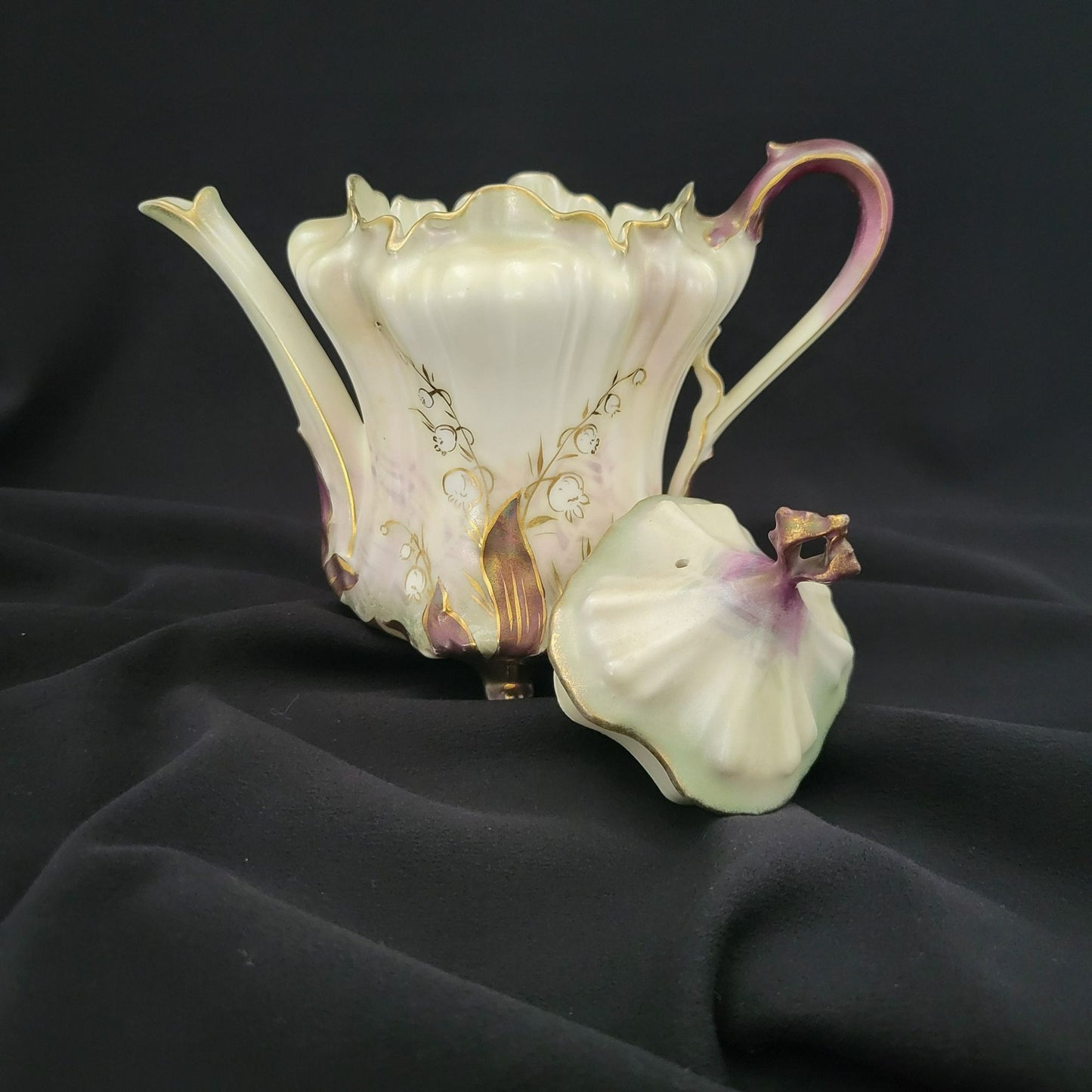 Rare Vintage RS Prussia Lily of the Valley Teapot Hand Painted on Satin Smooth Finish, Gold Accents